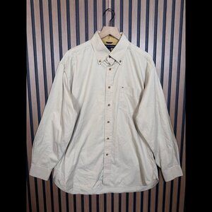Tommy Hilfigure Shirt Large Mens Beige Cotton Suede Trim Long Sleeve Oxford
